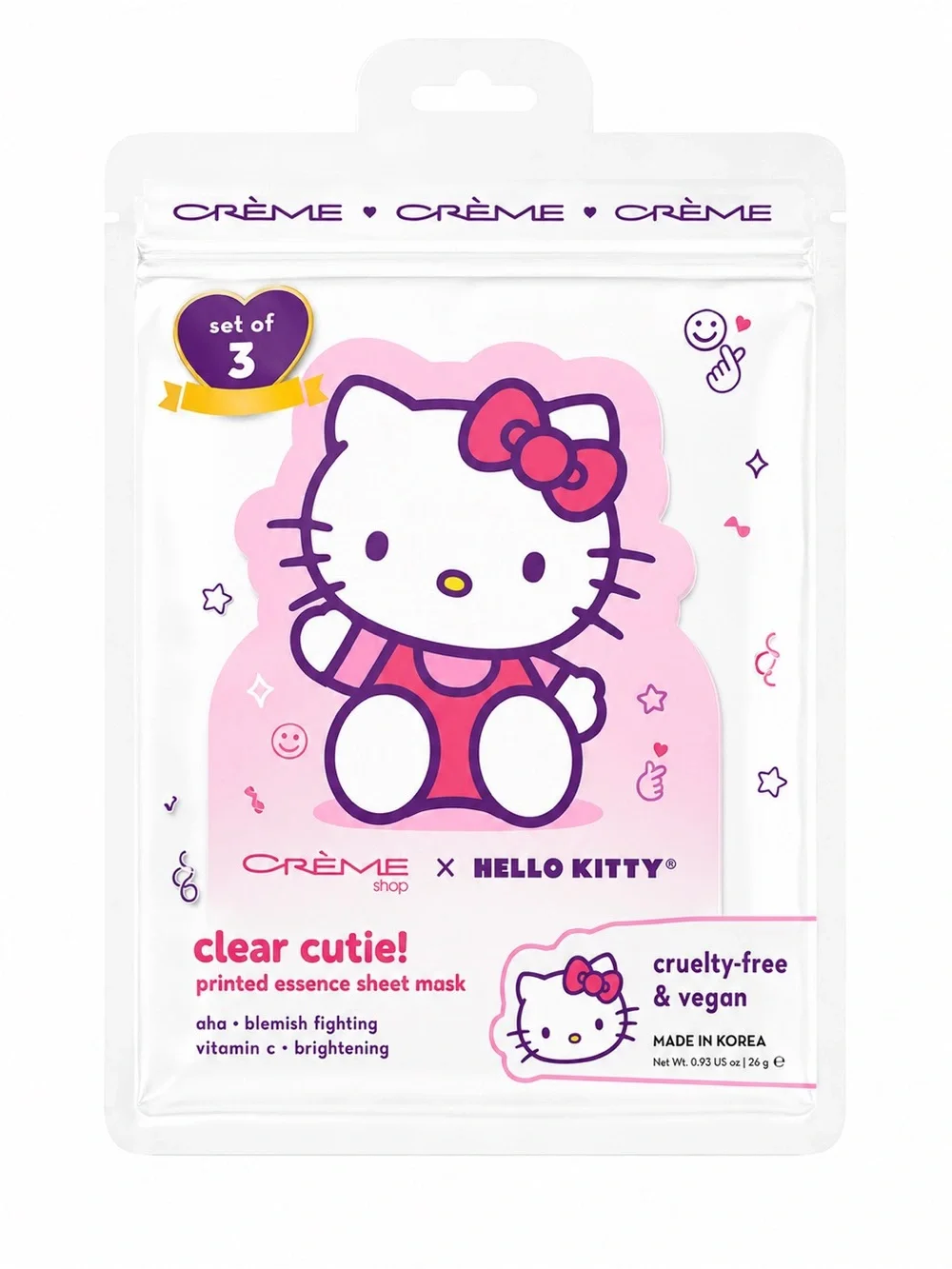 Crème x Hello Kitty Pink Clear Cutie Printed Essence Sheet Mask - Set of 3